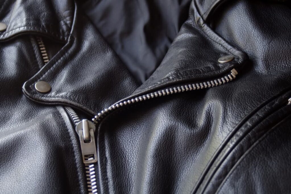 Close-up of the stitching and design of a slim fit leather jacket