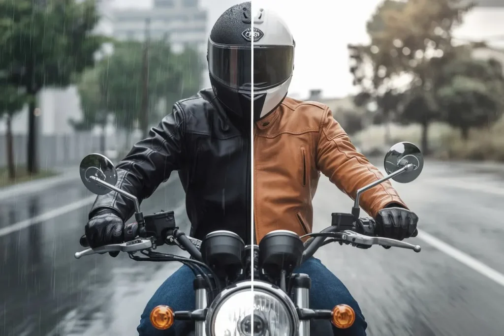 Comparison of waterproof vs non-waterproof motorcycle leather jackets for weather protection and style