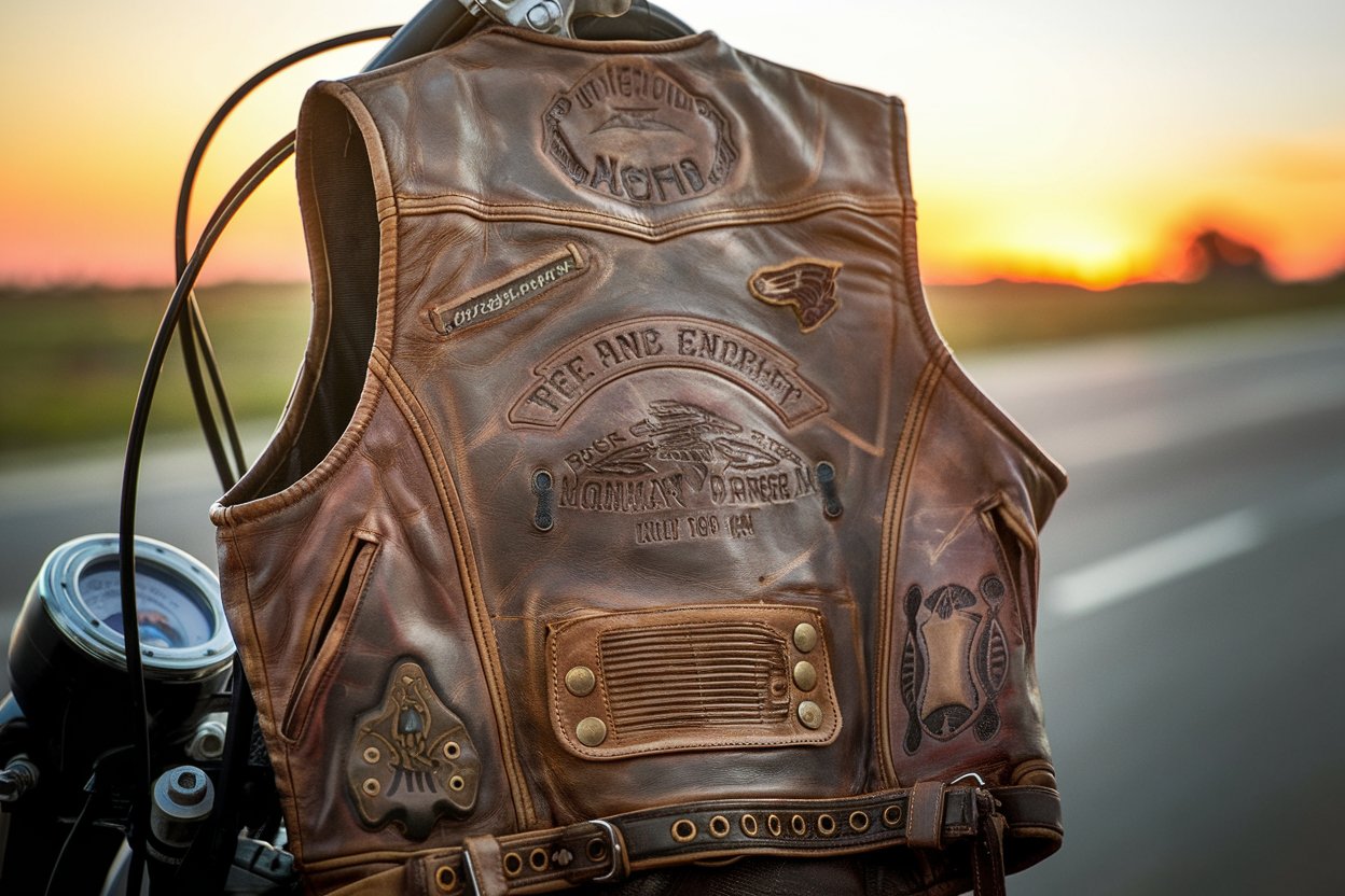 Personalized leather biker vest with custom patches and embroidery on a motorcycle handlebar against a sunset backdrop