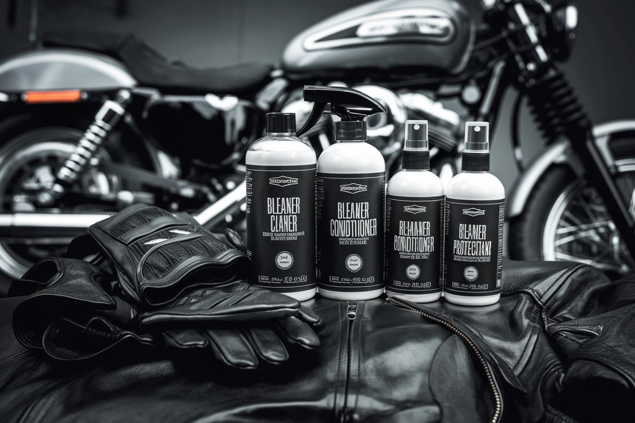 Leather care products arranged next to a black motorcycle jacket and gloves with a motorcycle in the background