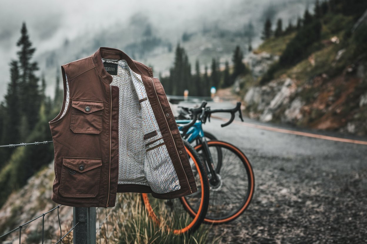 Close-up of a biker vest showcasing its detailed inner lining and stitching, with a scenic highway in the background.