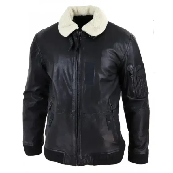 Men's Black Leather Bomber Jacket with White Collar 3