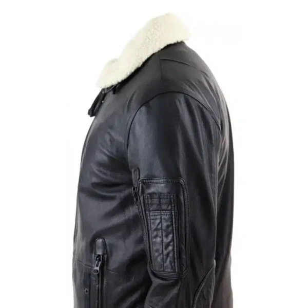 Men's Black Leather Bomber Jacket with White Collar 4