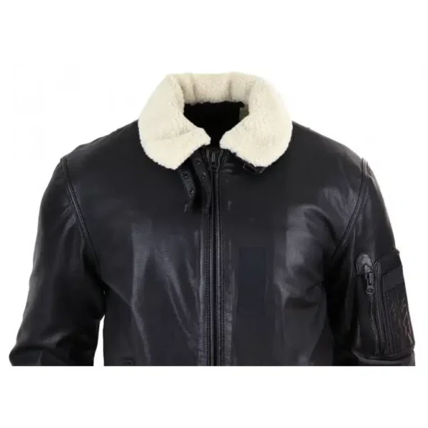 Men's Black Leather Bomber Jacket with White Collar 2