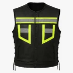 VeloShine Rider High Visibility Motorcycle Leather Vest – Reflective Night Riding Biker Gear for Men – Black Safety Vest with Neon Strips