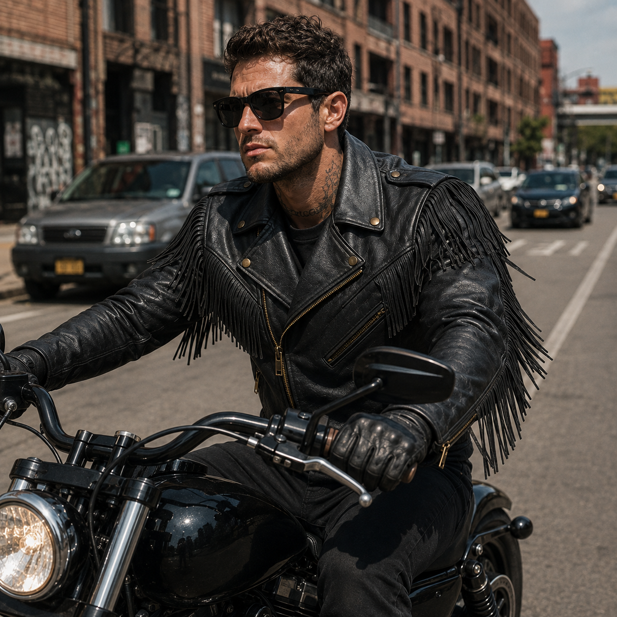 Men’s Black Fringe Leather Biker Jacket - Outlaw Heritage - Image 5
