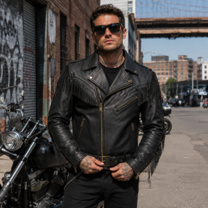 Men’s Black Fringe Leather Biker Jacket - Outlaw Heritage
