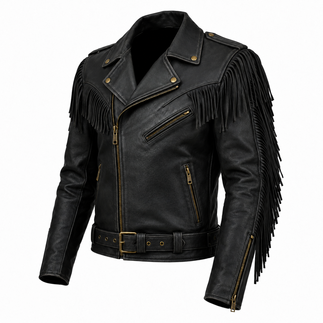 Men’s Black Fringe Leather Biker Jacket - Outlaw Heritage - Image 6