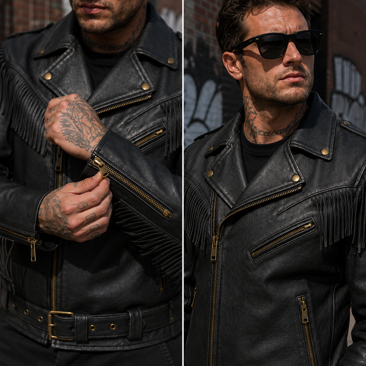 Men’s Black Fringe Leather Biker Jacket - Outlaw Heritage - Image 3
